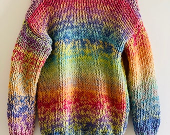 VIVA Rainbow Chunky Cardigan, Cárdigan de gran tamaño, Jersey de punto a mano, Suéter multicolor, Cárdigan de invierno, Suéter Ombre, Cárdigan de mezcla de lana