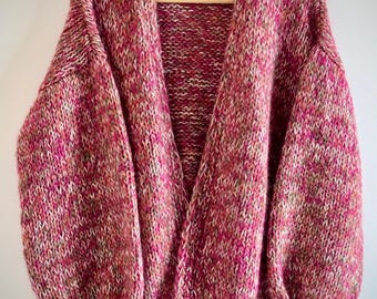 Cárdigan de mohair tejido a mano RONA, mangas globo, color vino tinto, M/L