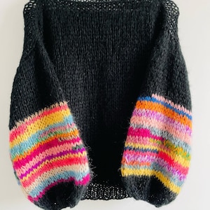 ALHAMBRA Black Mohair Pullover with Colorful Balloon Sleeves, Multicolor Jumper, Mohair Knit Sweater, Rainbow Sleeves, Black Jumper