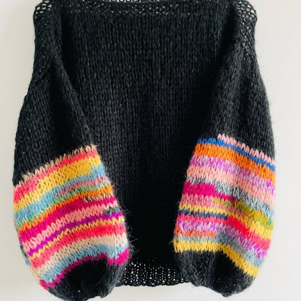 ALHAMBRA Black Mohair Pullover with Colorful Balloon Sleeves, Multicolor Jumper, Mohair Knit Sweater, Rainbow Sleeves, Black Jumper