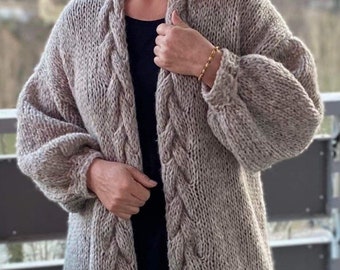 YARA Cárdigan gris con borde delantero trenzado, suéter de mezcla de lana suave, cárdigan con borde de ochos, suéter de punto de ochos