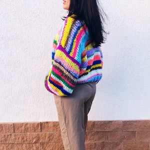 JOY Oversized Rainbow Cardigan, Hand Knit Jumper, Hand Knit Chunky Cardigan with Balloon Sleeves, Multicolor Sweater, Striped Cardigan