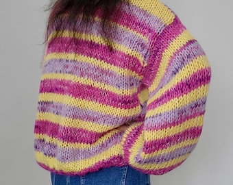 Cárdigan de alpaca y mohair tejido a mano LISE, con rayas violeta y amarillo