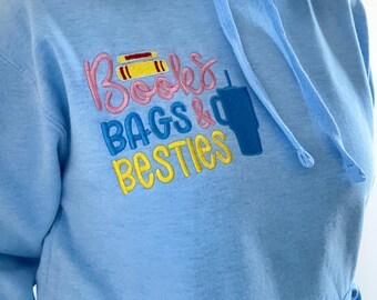 Sudadera con capucha bordada/sudadera/sudadera con cremallera LIBROS, BOLSOS, MEJORES AMIGOS