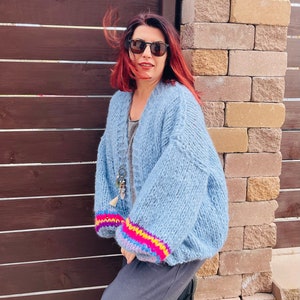 SICILIA Sky Blue Mohair Cardigan with Balloon Sleeves, Chunky Knit Sweater, Bleu Cardigan, Mohair Knit Cardigan, Soft Chunky Sweater