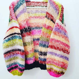 MAY Rainbow Cardigan, Knit Mohair Sweater with Balloon Sleeves, Multicolor Knit, Hand Knit Cardigan