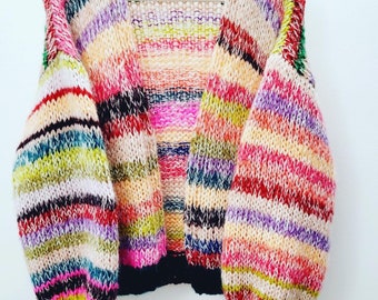 MAY Rainbow Cardigan, Knit Mohair Sweater with Balloon Sleeves, Multicolor Knit, Hand Knit Cardigan