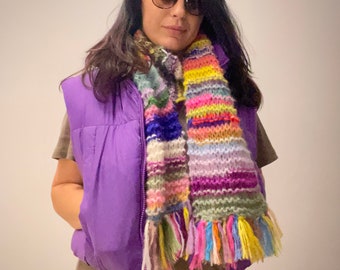 JOY Multicolored Mohair Scarf, Rainbow Knit Scarf with Fringes