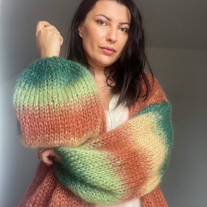 CHOCO MINT Mohair Cardigan, Brown Silk Mohair Cardigan, Knit Mohair Sweater, Brown Green Vanilla