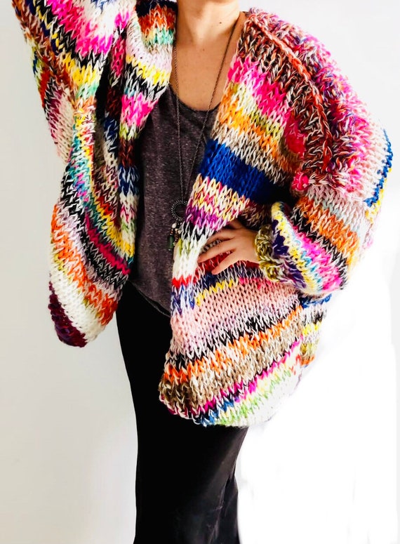 Loose Hand-Woven Striped Rainbow Long Sleeve Sweater Loose Hand-Woven Striped Rainbow Long Sleeve Sweater