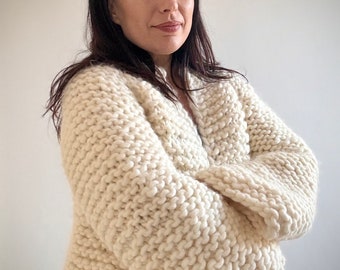 Chaqueta de lana de punto grueso YRSA, cárdigan corto de lana, blanco roto