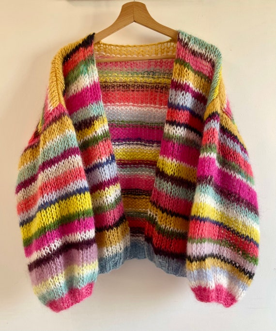 APRIL Hand Knit Silk Mohair Cardigan, Colorful Stripes APRIL Hand Knit Silk Mohair Cardigan, Colorful Stripes