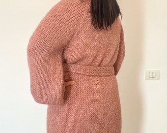 Cárdigan de punto de alpaca merino LARA con cinturón, abrigo rosa ruborizado