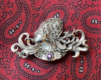 Vintage silver, marcasite and amethyst lady brooch in an Art Nouveau, Alphonse Mucha style.