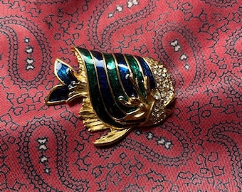 broche de poisson tropical diamanté, émail et doré vintage des années 1980.