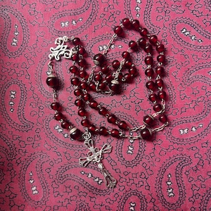 Equisite vintage silver Italian Rosary with red glass beads.