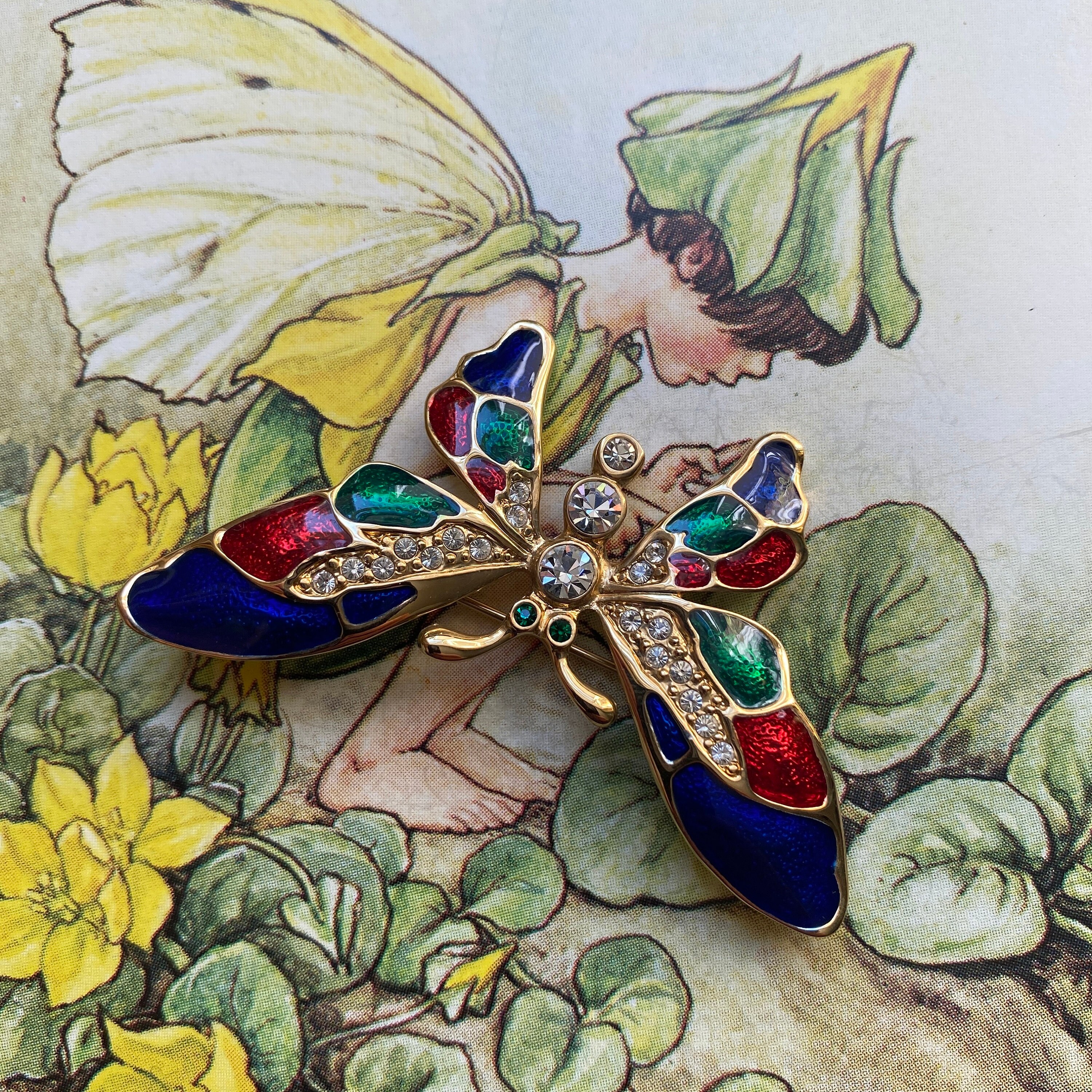 Vintage Enamel, Sparkling Diamanté and Gold Tone Butterfly Brooch by ...