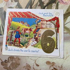 Carte de 6e anniversaire vintage des années 1950 en relief et imprimée représentant le conte de fées de Jack et le haricot magique.