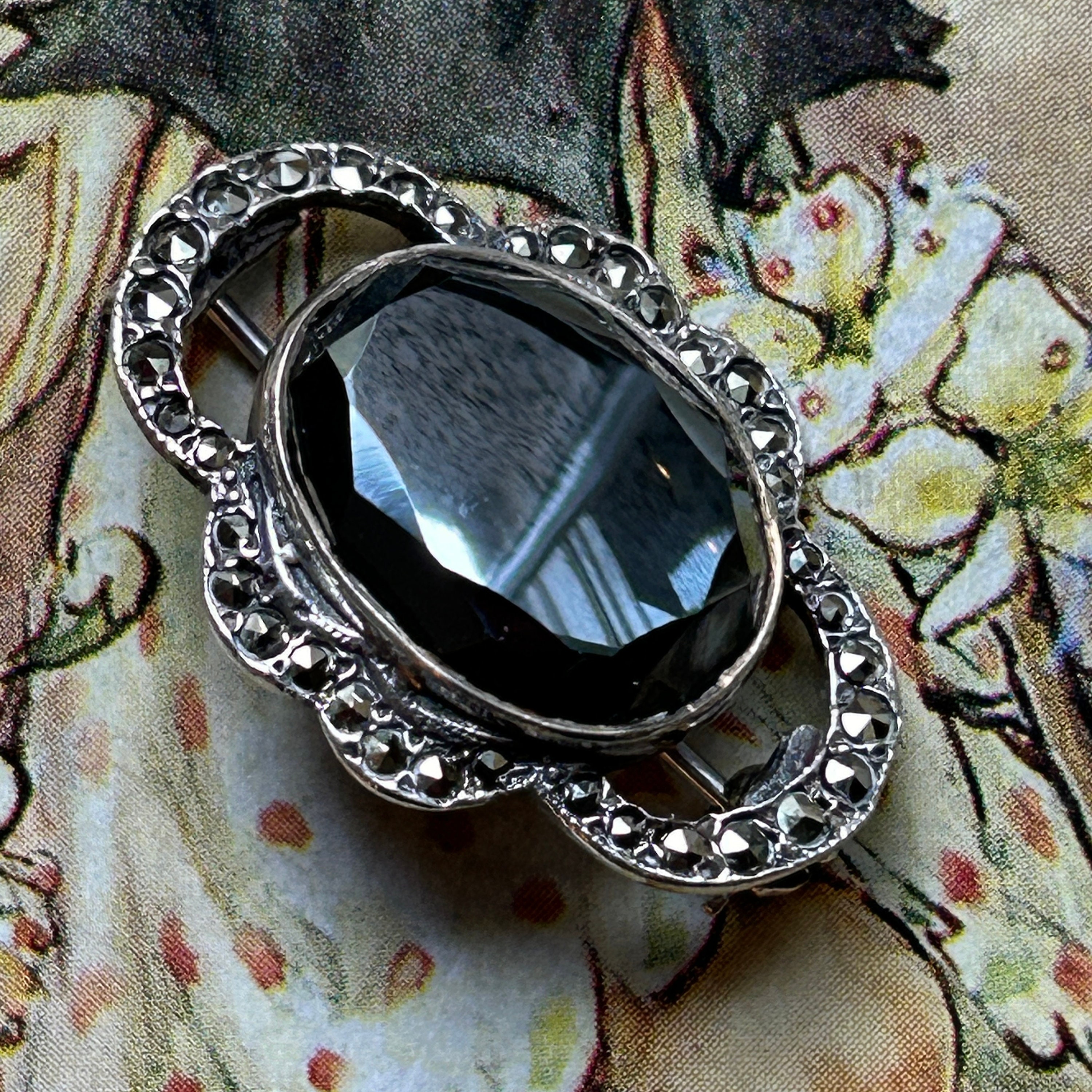 Broche Ancienne Hématite Et Marcassites En Argent - Vintage, Très Bon état