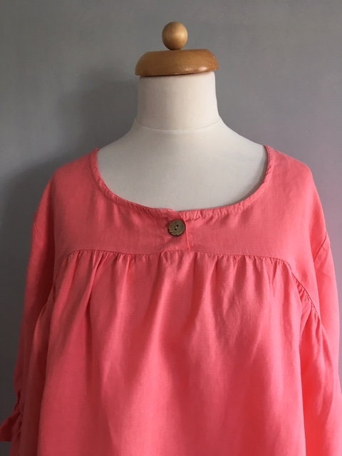 Image of Beautiful Bright Coral Pink Peasant Style Smock Dress in Pure Italian Linen. Size L