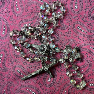Vintage silver tone Rosary with iridescent glass beads.