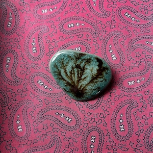 Puede incluir: Una piedra de cerámica azul verdosa con un diseño de árbol marrón. La piedra tiene un esmalte craquelado y una forma irregular.