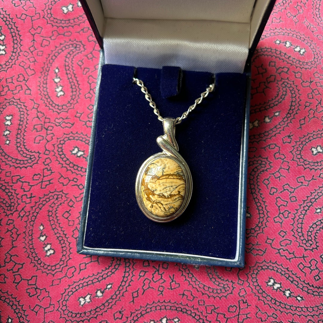 Grand pendentif vintage en jaspe BNY avec touche de turquoise en argent sterling - France