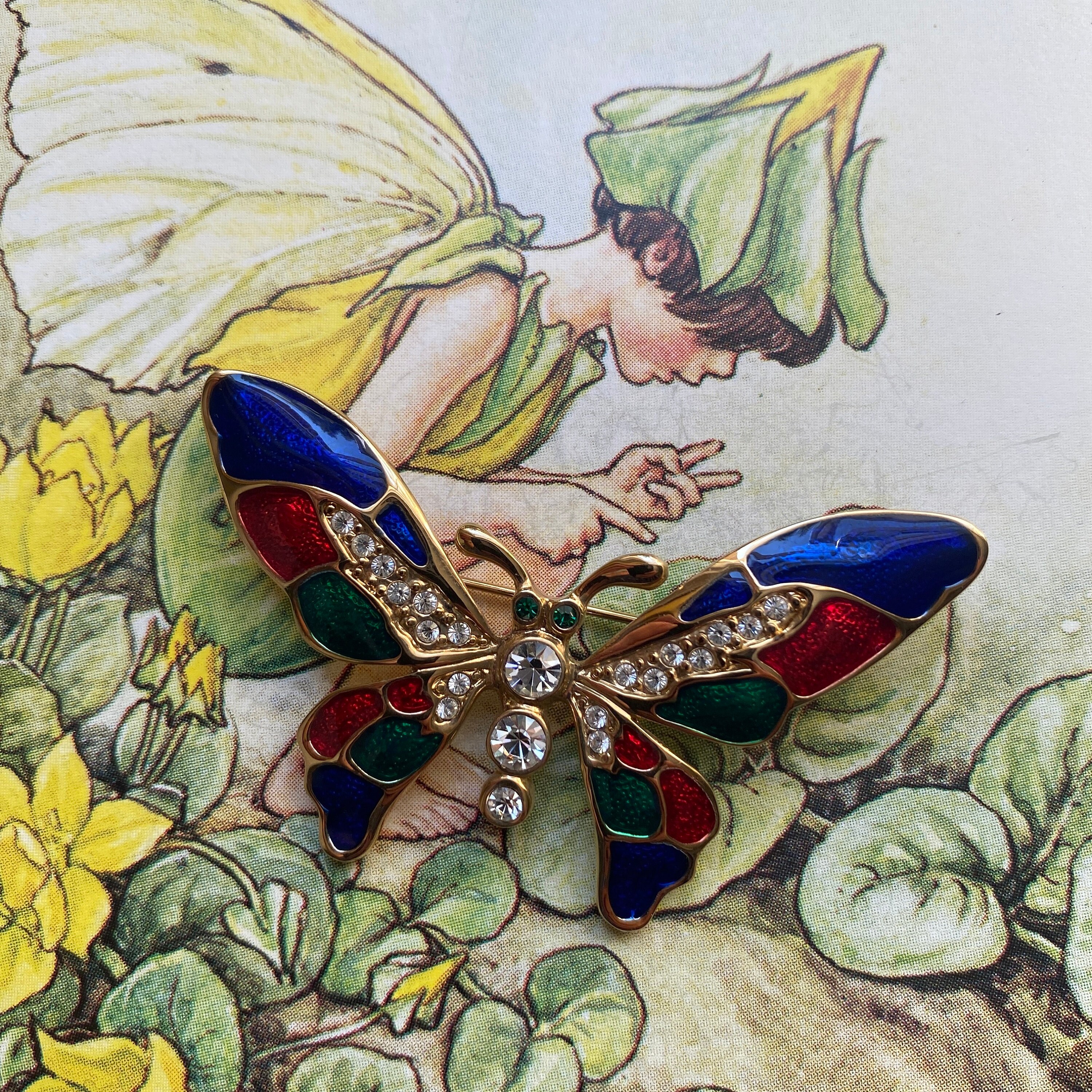 Vintage Enamel, Sparkling Diamanté and Gold Tone Butterfly Brooch by ...