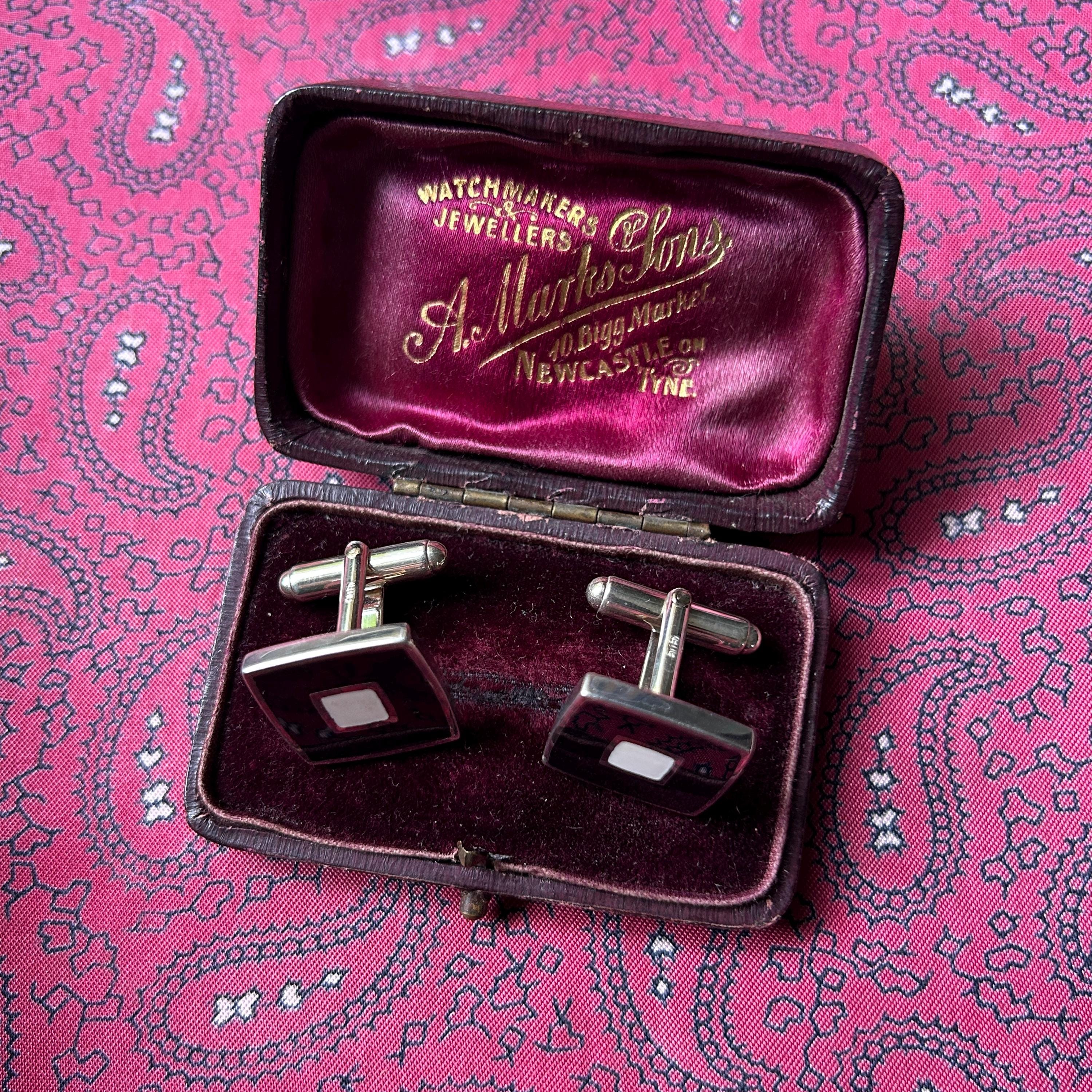 Paire De Boutons De Manchette En Argent Avec Onyx - Bijou Vintage, Occasion Bon état