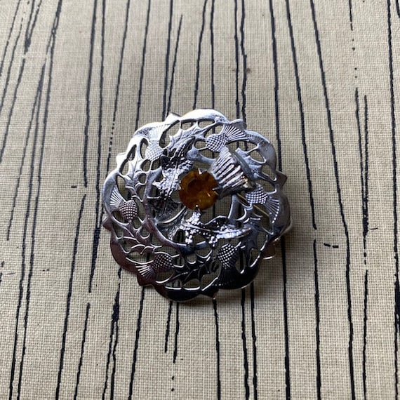 Broche Vintage En Métal Argenté Avec Ambre - Début Des Années 1900 - Occasion