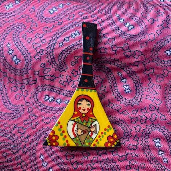 Vintage hand painted folk art Russian balalaika brooch.