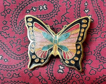 Vintage cloisonné style enamel and gold tone butterfly brooch.