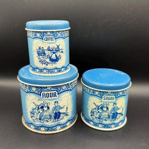 Vintage 1940s Toy Tin Canister Set Coffee Sugar Flour - Wolverine