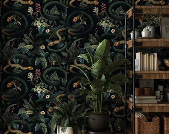 Dark Snakes Wallpaper, Dark Tropical Wallpaper, Dark Jungle Wallpaper, Vintage Dark Floral Wallpaper, Traditional Removable Wallpaper