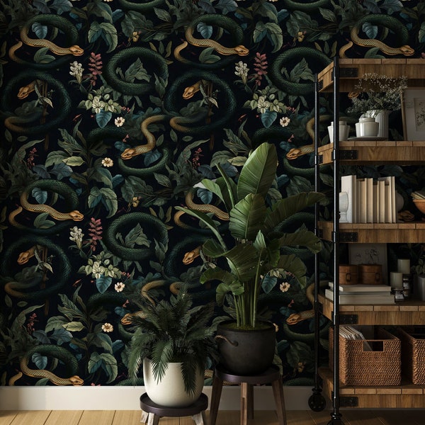 Dark Snakes Wallpaper, Dark Tropical Wallpaper, Dark Jungle Wallpaper, Vintage Dark Floral Wallpaper, Traditional Removable Wallpaper