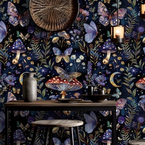 Mystical Forest Wallpaper - Dark Fairy Tale Wall Mural, Enchanted Mushrooms and Butterflies Decor, Peel and Stick or Traditional