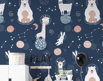 Cute Space Animals Wallpaper, Astronaut Animals Wall Mural for Kids Room, Nursery Decor Boy Wallpaper, Removable Wall Mural