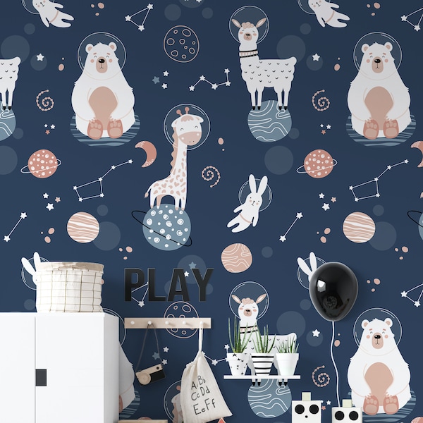 Cute Space Animals Wallpaper, Astronaut Animals Wall Mural for Kids Room, Nursery Decor Boy Wallpaper, Removable Wall Mural