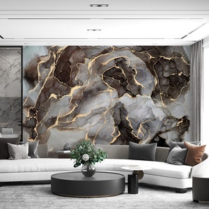 Modern Luxury Art Wallpaper, Gray Gold Bronze Marble Wallpaper, Fluid Art Painting Marble Wallpaper, Abstract Marble Wallpaper, Peel Stick image 2