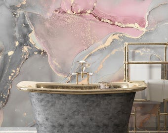 Pink and Grey Marble Effect Wallpaper Mural - Peel and Stick or Traditional for Bedroom, Living Room, Entryway Walls