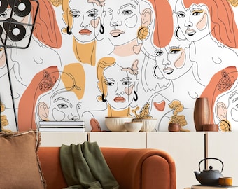 Colorful Line Art Face Wallpaper Peel and Stick or Traditional | Modern Abstract Mural for Living Room, Bedroom, Creative Spaces