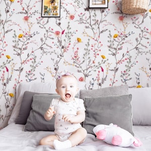 Colorful Wildflower Wall Mural - Delicate Floral Branches Wallpaper - Peel and Stick or Traditional - Entryway, Hallway, Modern Decor