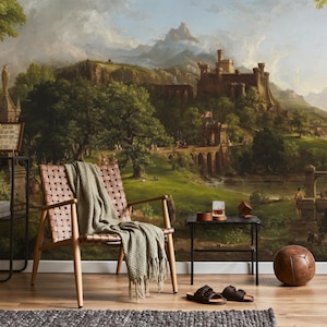 Mural de pared con paisaje de castillo medieval (papel tapiz autoadhesivo o tradicional) - Tapiz histórico con paisajes para decorar el salón