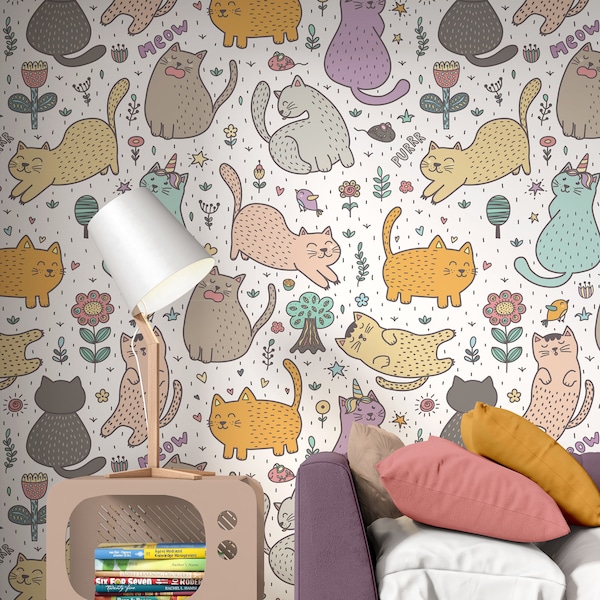 Peel and Stick Wallpaper, Cute Cats Summer Kawaii Wallpaper, Meow Mouse Nursery Decor Wallpaper, Removable Wall Mural