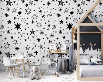 Black White Nursery Wallpaper, Stars Wallpaper, Night Stars Sleepy Wallpaper, Self Adhesive Wall Mural, Removable Traditional Wallpaper