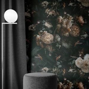 Dark Floral Wallpaper, Vintage Botanical Wallpaper, Vintage Flowers Wallpaper, Traditional Removable Wallpaper, Peel and Stick Wallpaper