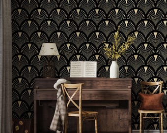 May include: Wallpaper featuring a repeating black and gold fan-shaped pattern. The design consists of arched lines radiating from a central point, creating a geometric motif across the surface. The color palette is primarily black with gold accents.