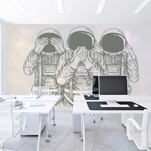 Three Wise Astronauts Wallpaper, Office Wallpaper, Peel and Stick Self Adhesive Wallpaper Mural, Removable Traditional Wallpaper