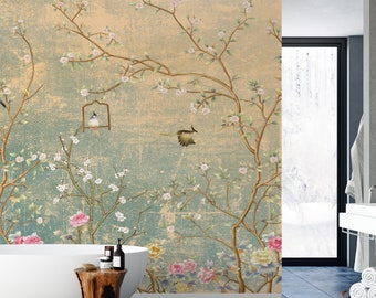 Chinoiserie Peel and Stick Wallpaper, Home Decor Wallpaper Wall Mural, Vintage Background Birds Trees Floral Wallpaper, Removable Wall Mural