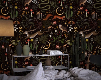 Dark Mushroom Wallpaper, Dark Vintage Botanical Wallpaper, Dark Fairy Jungle Wallpaper, Vintage Dark Floral Wallpaper, Traditional Wallpaper